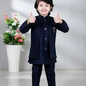 blue jacquard jacquard sherwani set for boys