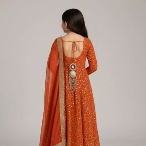 girls orange embroidered georgette anarkali set