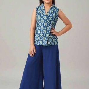 girls blue floral print silk fusion set