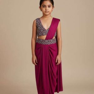 girls maroon embroidered velvet fusion set