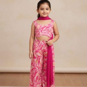 girls pink abstract print satin fusion set
