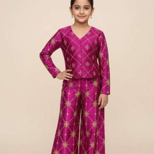 girls wine embroidered silk fusion set