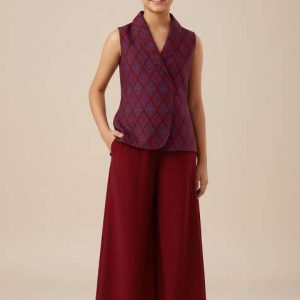 girls maroon ikat print silk fusion set
