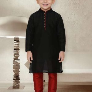 black button work silk kurta with bottom for boys