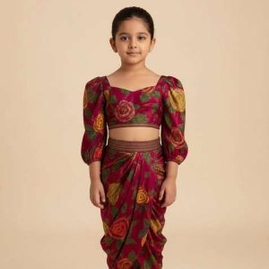 girls pink embroidered crepe fusion set