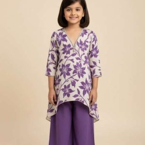 girls beige embroidered tissue fusion set