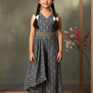 girls blue paisley print georgette fusion set