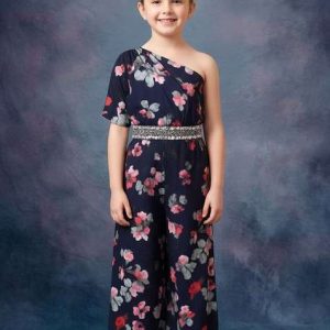 girls navy blue floral print crepe fusion set