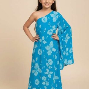 girls blue floral print georgette dress