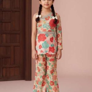 girls peach floral print chiffon kurta set