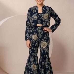 girls navy blue floral print satin fusion set