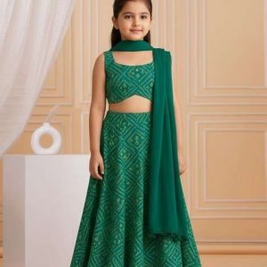 girls green abstract print satin fusion set