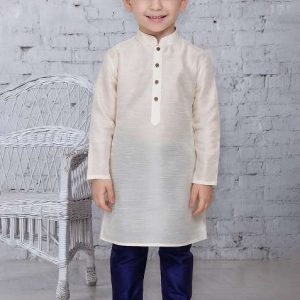 white button work silk kurta with bottom for boys
