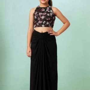girls black floral print satin fusion set
