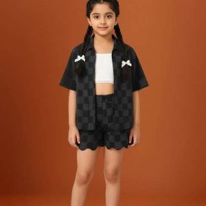 girls black jacquard denim co ord set