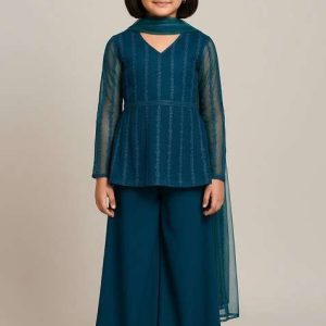 girls rama green embroidered net sharara set