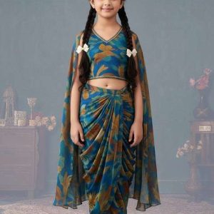 girls blue abstract print chiffon fusion set