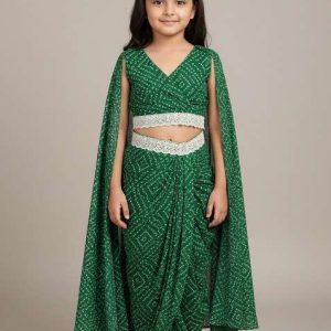 girls green bandhani print crepe fusion set