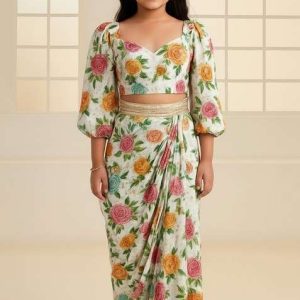 girls white embroidered crepe fusion set