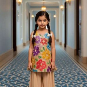 girls beige embroidered crepe kurta set