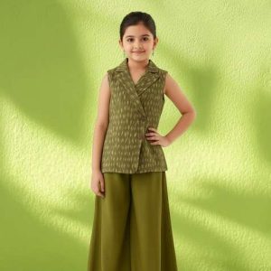 girls sage green abstract print silk fusion set