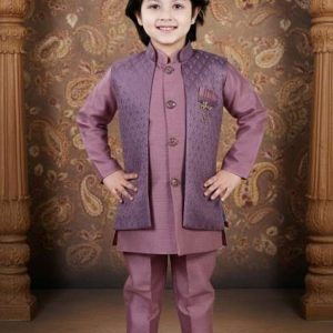 purple jacquard jacquard sherwani set for boys
