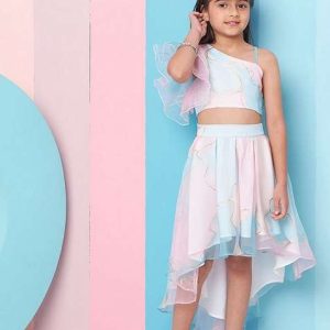 pink printed organza top with skirt (set of 2)