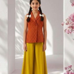girls orange and yellow abstract print silk fusion set
