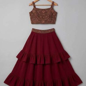 girls brown embroidered blouse georgette lehenga set