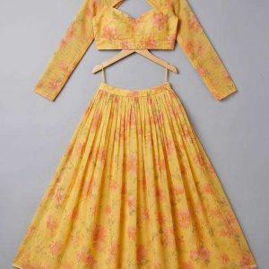 girls yellow floral printed chiffon lehenga set