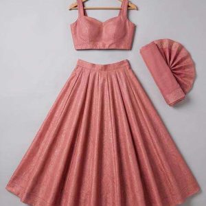 girls pink viscose textured lehenga set