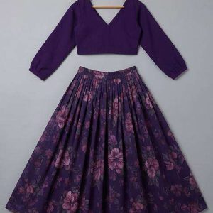 girls purple floral printed organza lehenga set