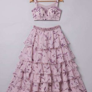 girls pink leaf printed chiffon lehenga set