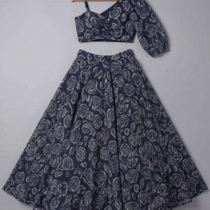 girls charcoal grey floral printed chinon lehenga set