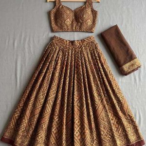girls brown crepe embroidered lehenga set
