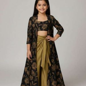 girls dark blue floral print silk fusion set