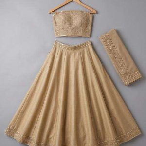 girls beige embroidered blouse satin lehenga set