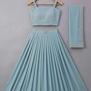 girls sky blue embroidered blouse silk lehenga set