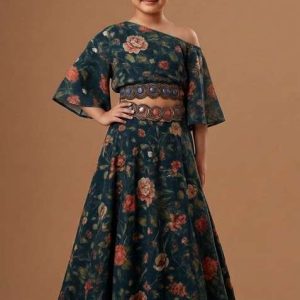 girs teal blue crepe floral printed lehenga set