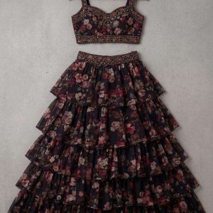 girls brown floral printed chiffon lehenga set