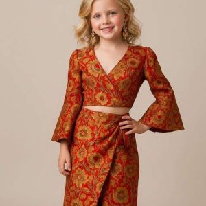 girls red brocade skirt set