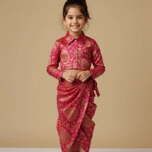 girls red embroidered crepe fusion set