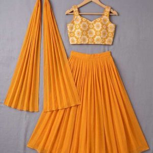 girls orange chinon floral printed blouse lehenga set