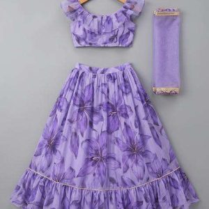 girls purple printed embroidered organza lehenga set