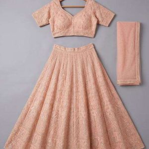 girls peach embroidered chinon lehenga set
