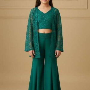 girls teal green embroidered georgette fusion set