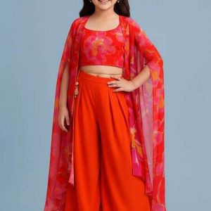 girls red floral print georgette fusion set