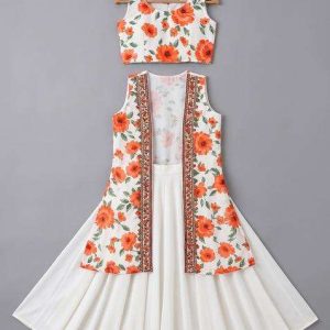 girls white floral printed crepe lehenga set