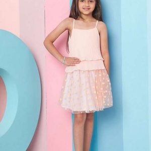 peach printed net skirt with georgette top (set of 2)