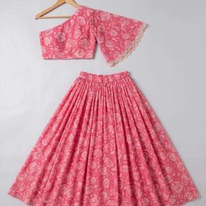 girls pink floral printed chinon lehenga set